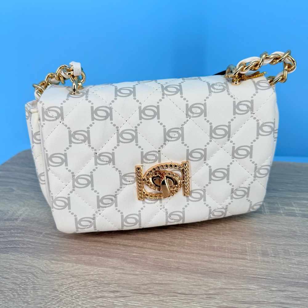 Bebe LIV Monogram Crossbody Small Logo Bag Quilted White Grey Gold Chain NWT Y2K - Picture 9 of 12
